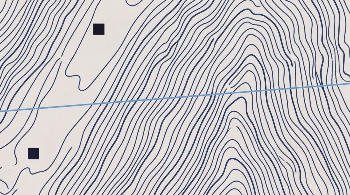 A field of dense contour lines, crossed by a single transect line.