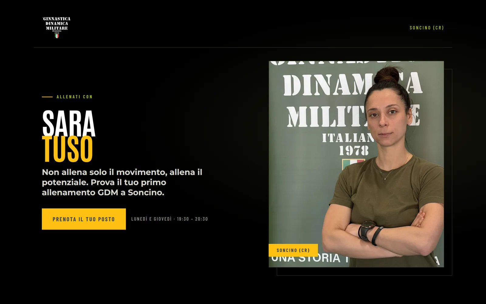 The opening of Sara Tuso’s landing page, with her portrait and the trial invitation