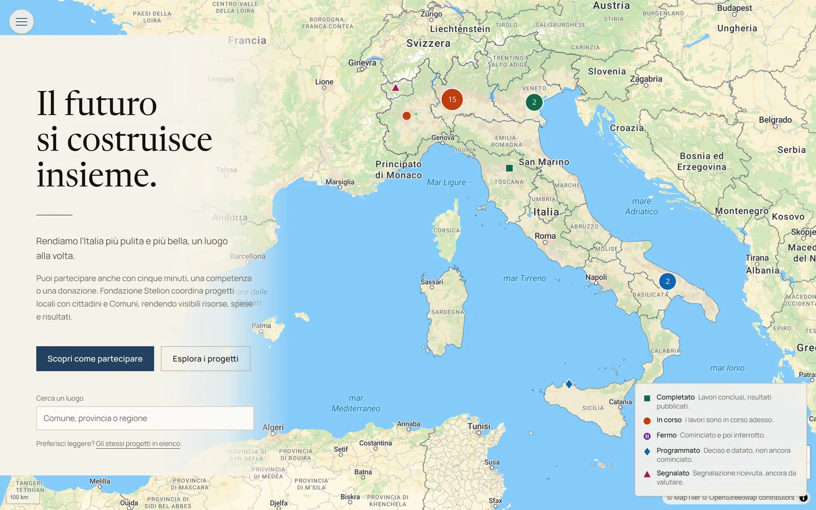 Map of Italy with every project marked by its status