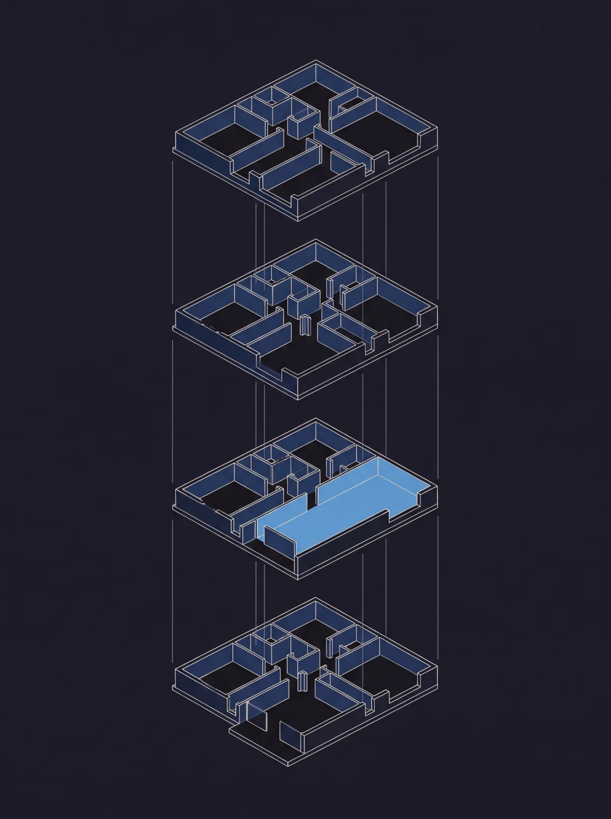 Quattro piante sovrapposte in elevazione esplosa, allineate da linee guida verticali.