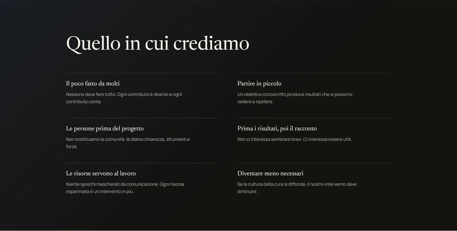 Le convinzioni della fondazione, disposte in colonne